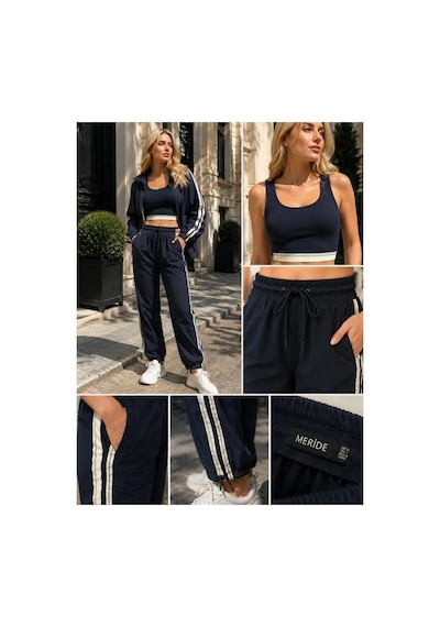 Kadın Lacivert Spor Takım Şerit Detaylı Crop, Oversize Ceket Ve Lastikli Bağcıklı Pantolon - 2322 M