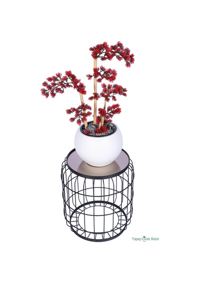 Yapay Çiçek Sitesi Beyaz Küre Saksıda Modern Minimal Tasarım Yapay Bonsai Ağacı Kırmızı 65 Cm Kırmızı