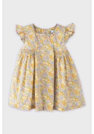 Made With Liberty Fabric Liberty Kumaş Çiçek Desenli Yenidoğan Elbise Sarı