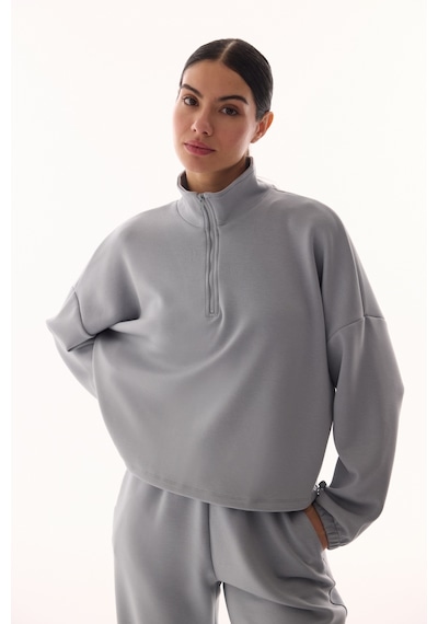 Penti Gri Silky Touch Dik Yaka Fermuarlı Crop Sweatshirt