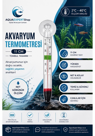 Akvaryum Tombul Termometre - Cam Termometre - Hassas Ölçüm - 0/40 Derece Arası Ölçüm - Net Görünüm - Güçlü Vantuz