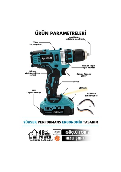 Assur Profesyonel 12v Çift Akülü 12 Köşe 360 Lazer Hizalama & Akülü Vidalama 84 Parça Set-1654