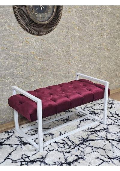 Zafir Beyaz Boyalı Metal 80 Cm Puf Bench - Antre Puf - Hol Bench - Puf - Oturak - Bench Bordo