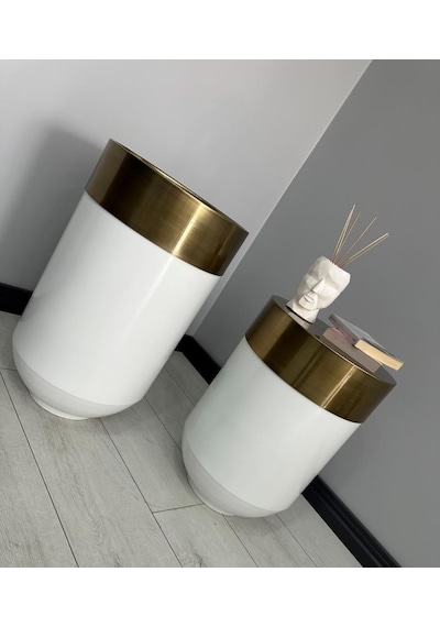Dekoratif Eskitme Darbuka Parlak Beyaz Saksı 70cm + Sehpa 60cm İkili Set