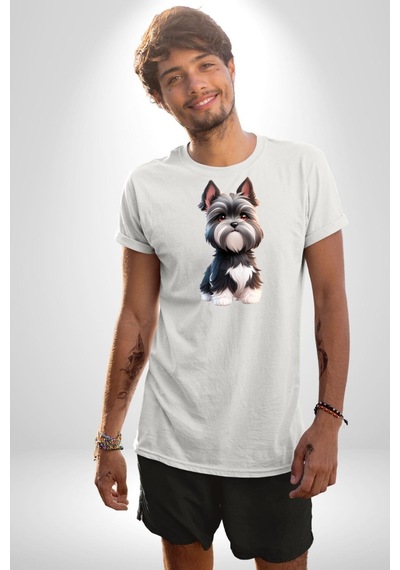 Sevimli Beyaz Gri Köpek Unisex Unisex Beyaz Organik Baskılı T-shirt Penye Yüksek Kalite Beyaz
