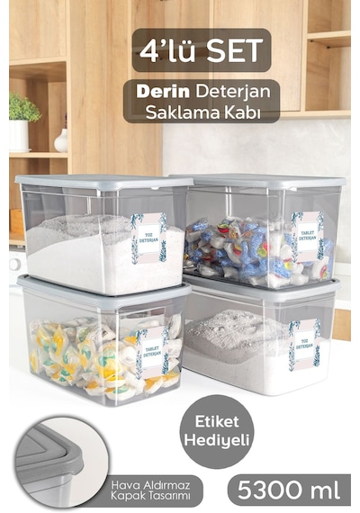 4'lü Mega Boy Deterjan Saklama Kutusu - Dikdörtgen Toz Tablet Deterjan Kutusu Antrasit 5,3 Litre Antrasit