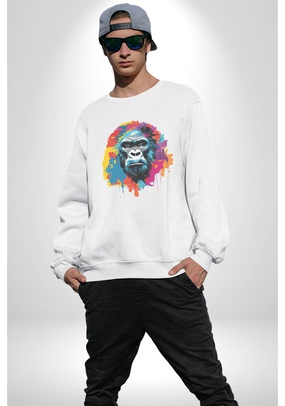 Renkli Maymun Goril Unisex Beyaz Baskılı Sweatshirt Beyaz