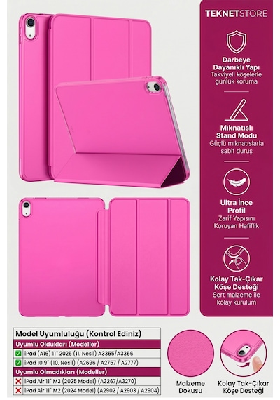 İpad 11. Nesil A16 Ve 10. Nesil 10.9" Uyumlu Kılıf A3355 A2696 Ultra İnce Standlı Kapak Pembe Kapaklı Kılıf