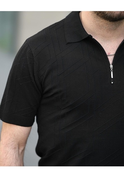 Fermuarlı Triko Tshirt Siyah