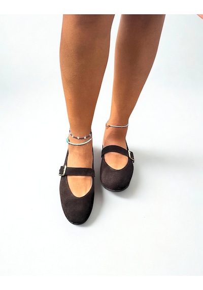 Ne&ve Shoes Siyah Süet Hakiki Deri Yuvarlak Burunlu Tokalı Kadın Babet