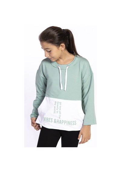 Toontoy Kız Çocuk Kanguru Cepli Baskılı Sweatshirt Yeşil