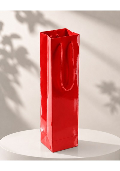 Şişelik İpli Kırmızı Karton Poşet, 1 Adet-12x10x38 Cm, Kalın Yapı