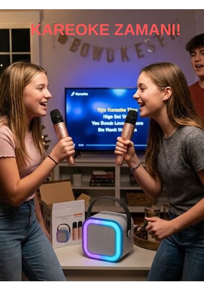 Teknozeel Çift Mikrofonlu Karaoke 5 Ses Efektli Rgb Işıklı Bluetooth Kablosuz Hoparlör Ses Bombası Mavi Renk