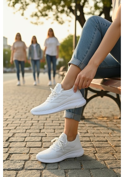 Enoch Kadın Hafif Koşu Ayakkabısı Nefes Alan Triko Örgü Sneaker Beyaz