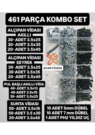 461 Parça Kombo Vida Seti Alçıpan Vidası Akıllı Vida Sunta Vidası Dübel Pul Seti 3,5x45