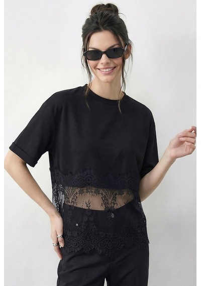 Shade Kadın Bisiklet Yaka Dantel Detaylı Rahat Kalıp T-shirt 1074 60286064 - Siyah