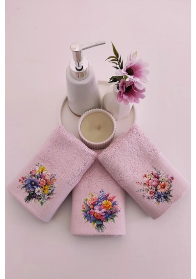 3'lü Çiçek Baskılı Bambu Havlu Takımı - Pembe El & Mutfak Havlusu Seti - Ekstra Yumuşak - 30x50 Cm Pembe