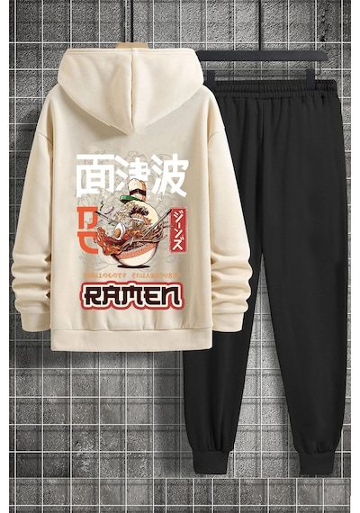 Uyguntarz Unisex Ramen Baskılı Eşofman Takımı Bej
