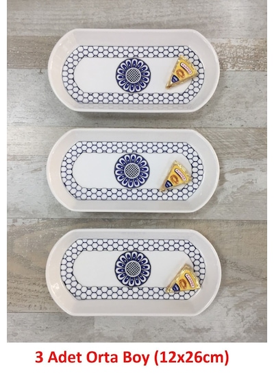 3 Adet Orta Boy 26cm Seramik Oval Kahvaltı Peynir Kayık Servis Sunum Tabağı Takımı Seti Mavi