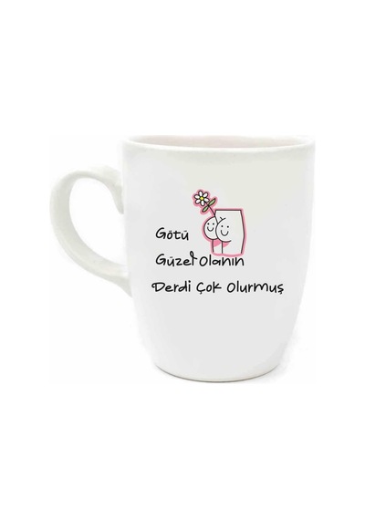 Götü Güzel Olanın Derdi Çok Olurmuş Krem Oval Kupa - Hediyelik Kupa Fincan Mug Açık Ahşap