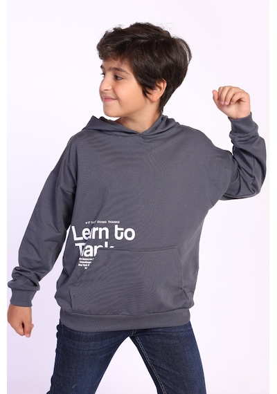 Toontoy Kids Toontoy Erkek Çocuk Kapüşonlu Kanguru Cepli Baskılı Sweatshirt Füme