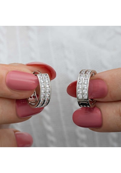 Gümüş Sıra Taşlı Halka Kadın Küpe 14 MM-Gümüş