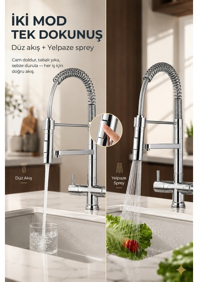 Nkd48n12cp 3 Yollu Spiralli Pull-down Arıtmalı Mutfak Bataryası Krom Tayvan Metal