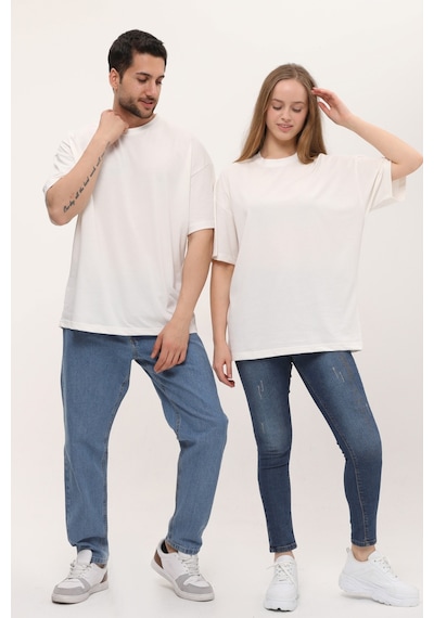 Unisex Kırık Beyaz Oversize Bol Kalıp T-shirt Ekru
