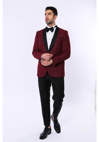 Wessi Bordo Şal Yaka Simli Smokin Ceket Siyah