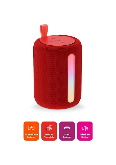 Polosmart Pbs228 Işıklı Taşınabilir Kablosuz Bluetooth Speaker Hoparlör 1200 Mah Kırmızı