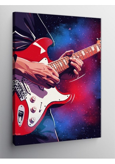 Kanvas Tablo Kırmızı Gitar Ve Kozmik Arka Plan 70cmx100cm