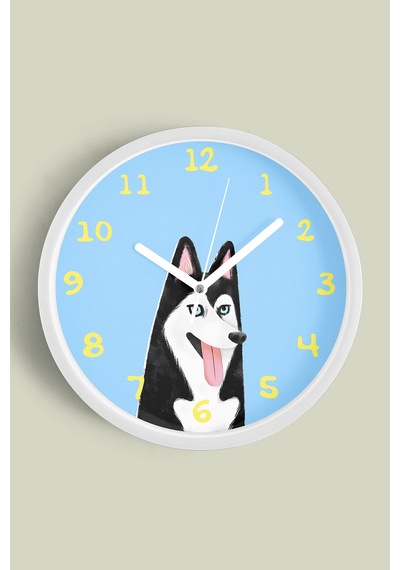 Husky Köpek İllüstrasyonlu Modern Duvar Saati - Çocuk Odası Duvar Saati - 25cm - Önü Camlı-jh1175 Beyaz
