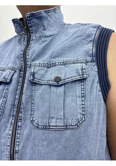 Büyük Beden Denim Dik Yaka Fermuarlı Cepli Bomber Erkek Yelek Mavi