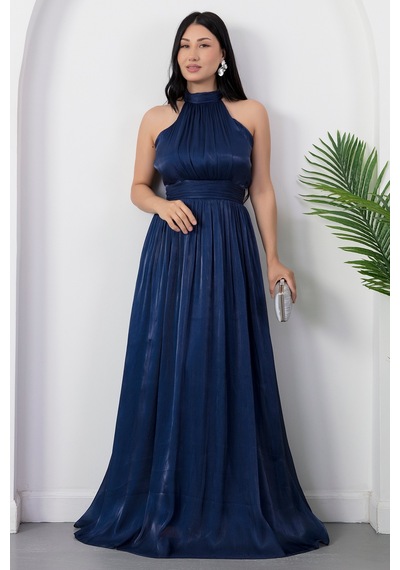 Kalopya Halter Yaka Şifon Elbise Grs4128 Lacivert