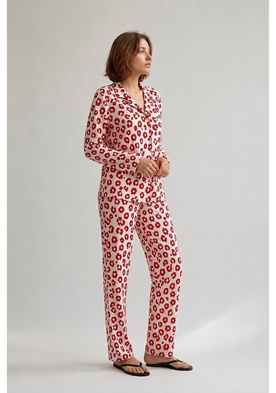 Fit Women Kadın Gömlek Yaka Düğmeli Gece Giyimi Kırmızı Pijama Takımı
