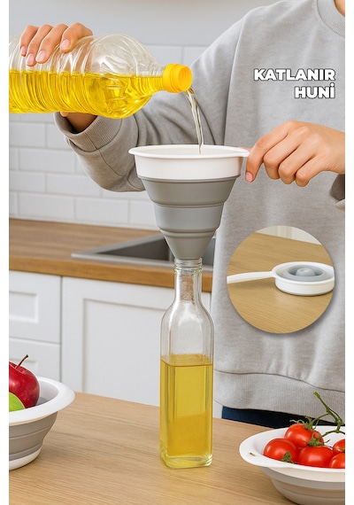 Yer Kaplamaz Katlanır Huni - Şişe Kavanoz Bidon Hunisi - Katlanabilir Akordiyon Huni - Silikon Huni
