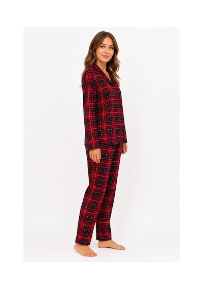Sleeproom Kadın Mevsimlik Süet Uzun Kol Ekose Desen Kırmızı Pijama Takımı