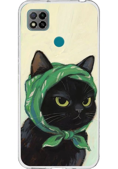Redmi 9c / 10a Uyumlu Babushka Yeşil Başörtülü Siyah Kedi Baskılı Silikon Kılıf Renkli