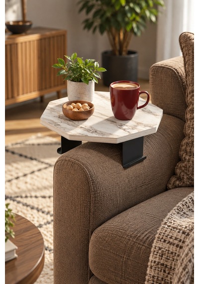 Sulorahome Ayarlanabilir Sekizgen Yan Sehpa Beyaz Mermer Desenli