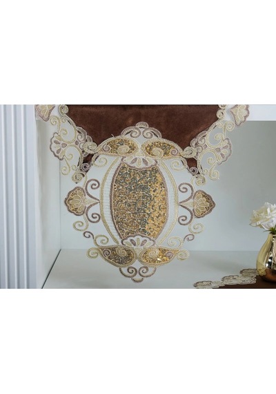 Aydan Aplikeli Güpürlü Kadife Kahverengi Salon Takımı 5 Parça 50 X 140 Cm 1451 Kahve