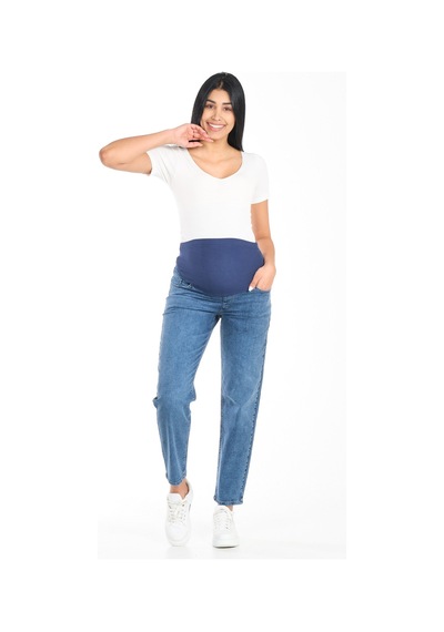 Busa Hamile Esnek Karın Bantlı Arka Kemerli Mom Fit Kot Pantolon Mavi-mavi