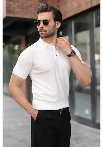 Madmext Beyaz Çıt Kapamalı Polo Yaka Triko Erkek Tişört E7493