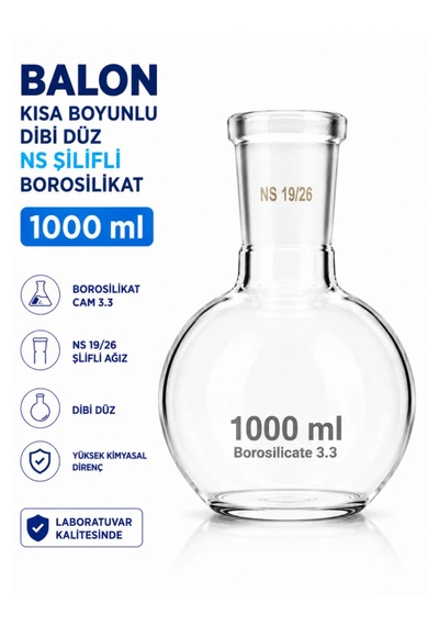 Balon Kısa Boyunlu Dibi Düz Ns Şilifli Borosilikat 1000 Ml