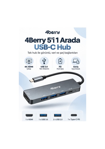 Kd5 5 İ 1 Arada Usb-c Hub 4k Hdmı, Usb Çoklayıcı Ve Pd Şarj Desteği