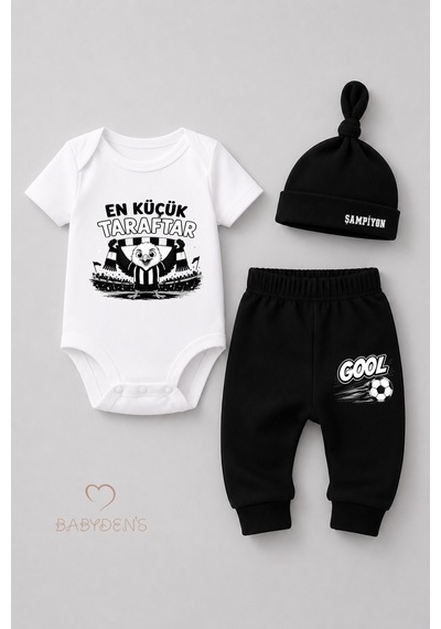 Babyden's %100 Pamuk Siyah Beyaz En Küçük Taraftar Bebek Takımı 3'lü Kısa Kol Body,pantolon Ve Şapkalı Yenidoğan Seti 0-9 Ay Beyaz - Siyah