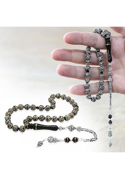 Tesbihane Kuka Tesbih - 925 Ayar Gümüş Kral Püsküllü - Siyah Renk - Pirinç Sarma - Beyaz Mine - Küre Kesim Çok Renkli Tesbihane Kuka Tesbih - 925 Ayar Gümüş Kral Püsküllü - Siyah Renk - Pirinç Sarma - Beyaz Mine - Küre Kesim Çok Renkli