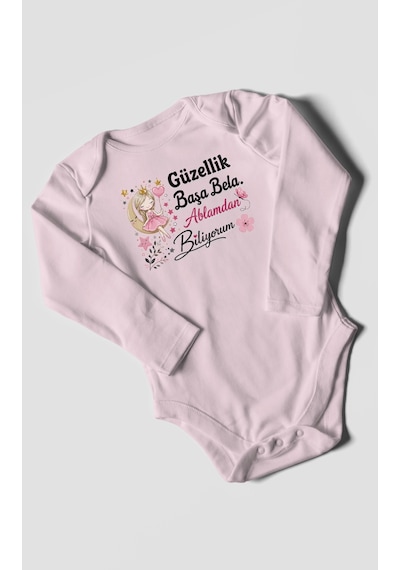 Morivokids Güzellik Başa Bela Ablamdan Biliyorum Uzun Kollu Bebek Body %100 Pamuk Bebe Pembe