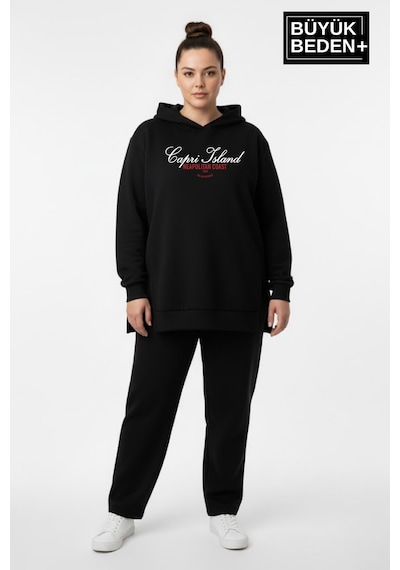 Süperlife Büyük Beden Kapşonlu Capri İsland Baskılı Tunik İnce Sweatshırt Spr26btk991-2 Siyah