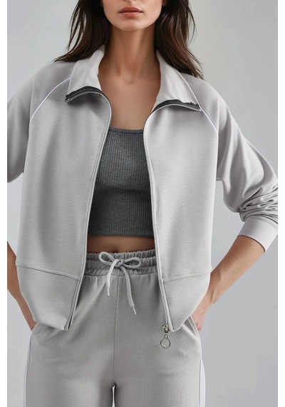 Fiolin Modal Dokulu Fermuarlı Sweatshirt & Pantolon İkili Takım Gri