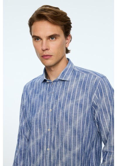 Morven Erkek Lacivert Keten Trend Çizgili Dynamic Fit Gömlek 25ys004028200 Lacivert